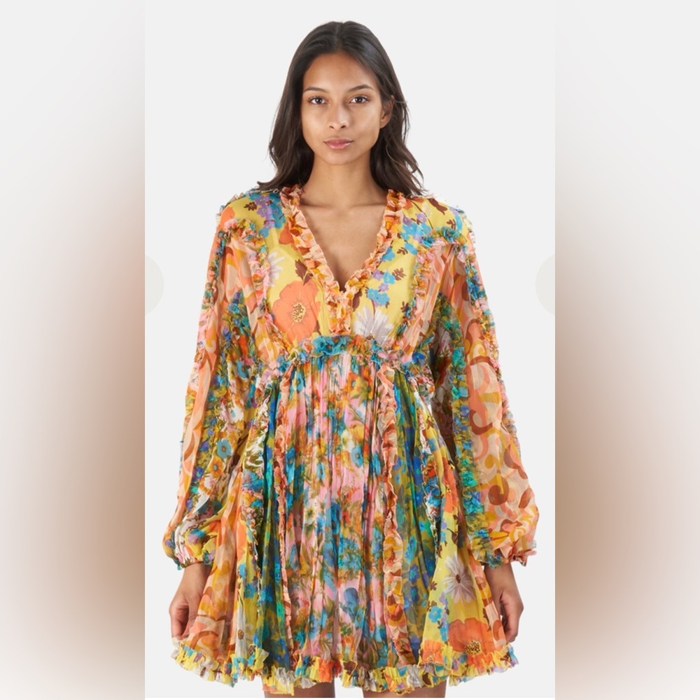 Zimmermann Estelle Billow Mini Dress Spliced Silk Floral Ruffle NWT $1050 Size 1